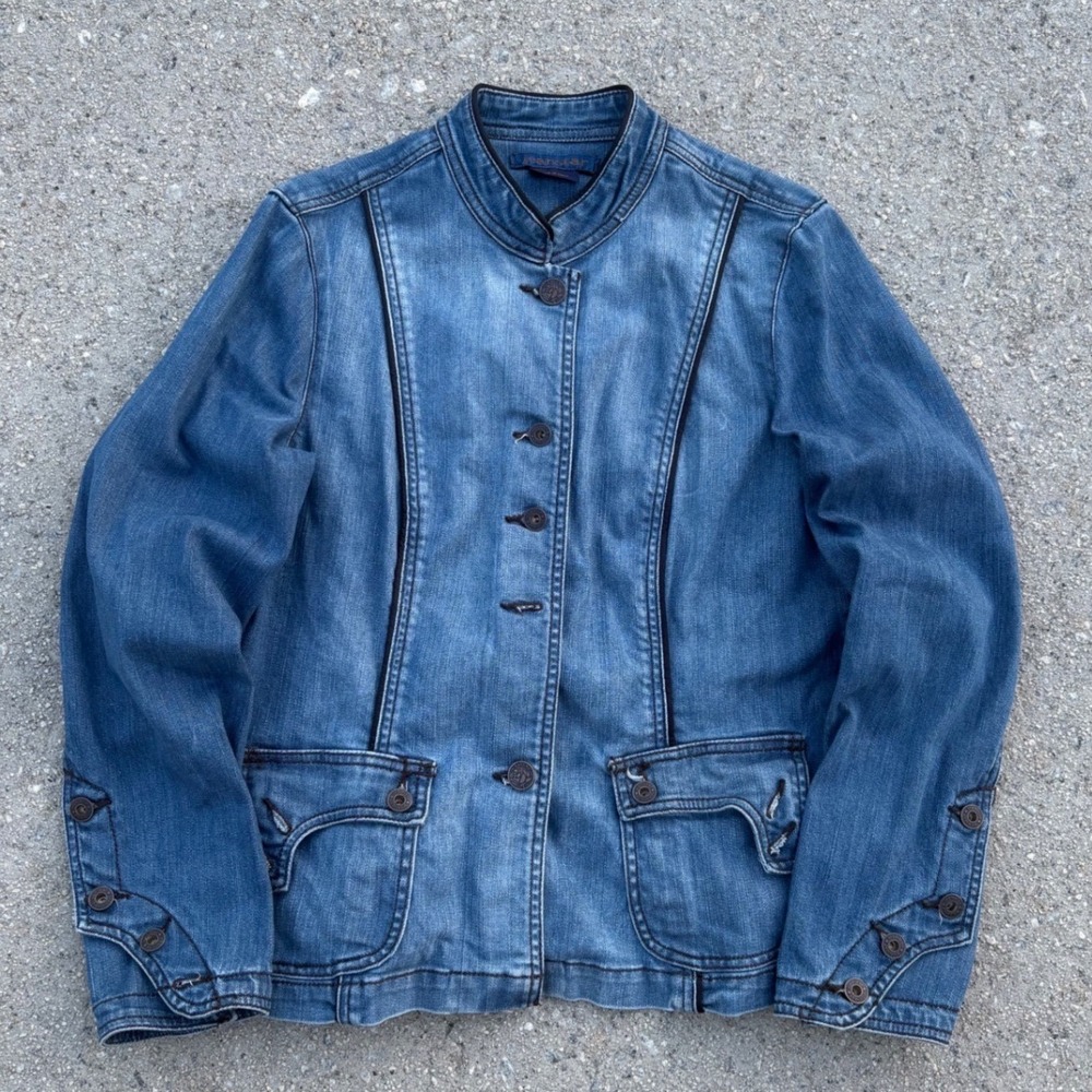 Jeanstar Womens Blue Denim Mandarin Collar Jacket Medium Wash Stretch Large